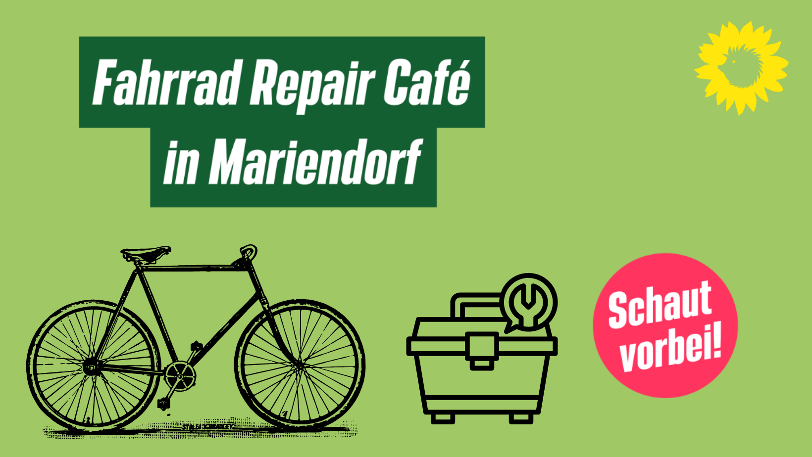 Auf dem Bild ist die Zeichnung eines Fahrrads und eines Werkzeugkastens vor einem grünen Hintergrund zu sehen. In dunkelgrüner Schrift steht dort "Fahrrad Repair Café"