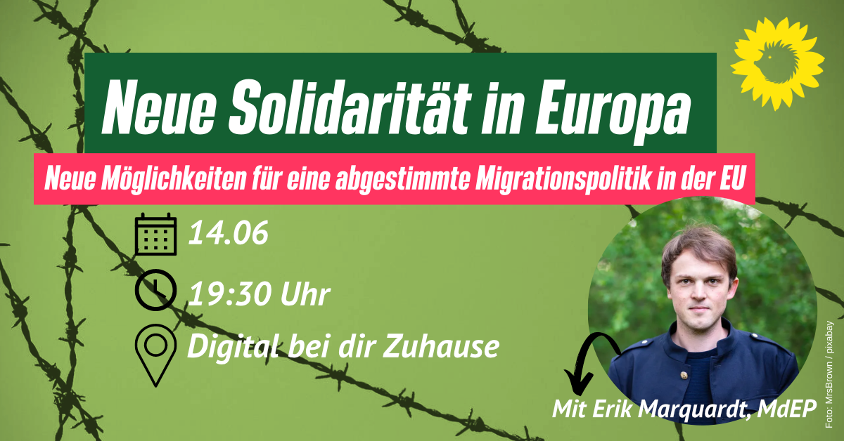 Auf dem Bild ist ein Strachdraht Foto zusehen. Dieses ist grün eingefärbt. Vor einem grünen und pinken Balken steht "Neue Solidarität in Europa - Neue Möglichkeiten für eine abgestimmte Migrationspolitk in der EU".