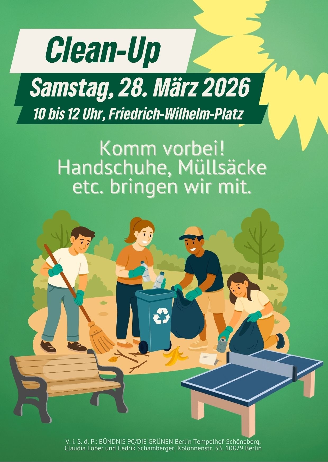 Clean Up in Friedenau, 28.3.2026, 10-12 Uhr Friedrich Wilhelm Platz Komm vorbei! Handschuhe, Müllsäcke etc. bringen wir mit.